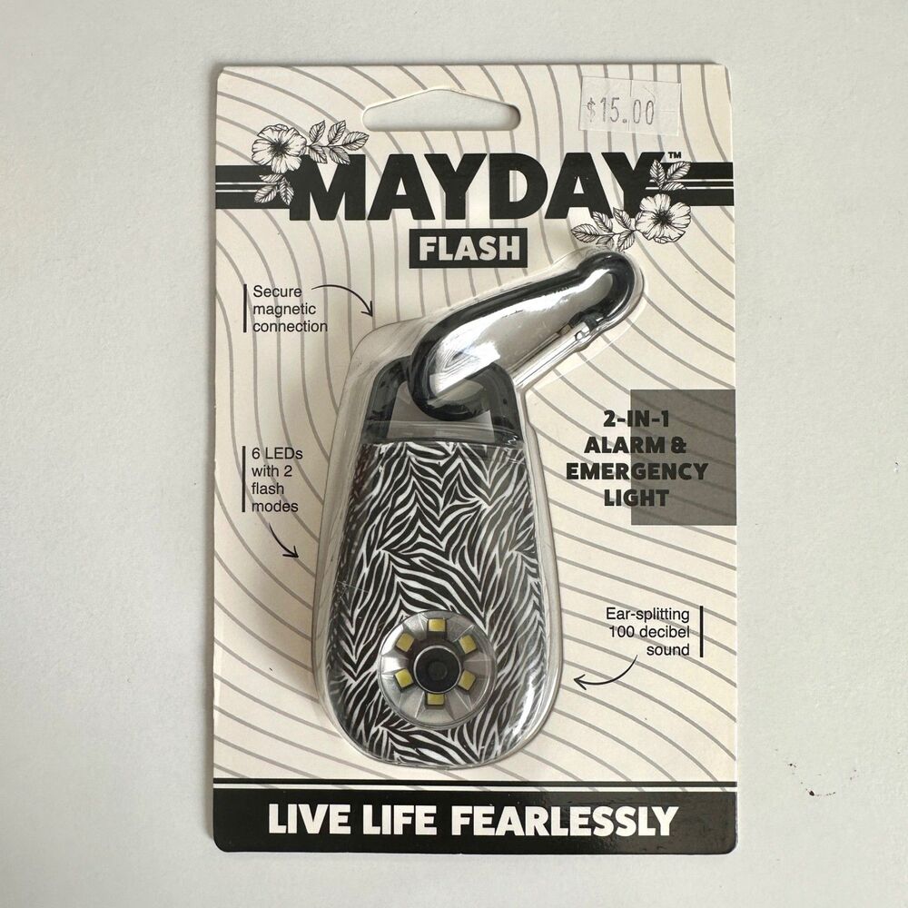 Mayday Flash 2-in-1 Personal Safety Alarm & Emergency Light Zebra Print Nwt